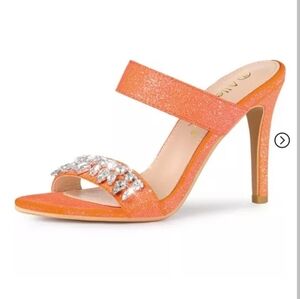 Allegra K Glitter Rhinestone Stiletto heel slip on Open Toe sandals Orange 7